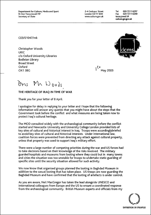 Response from Tessa Jowell, page 1